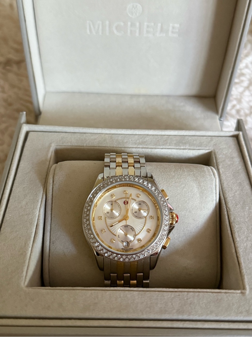 MICHELE belmore Two-Tone Diamond Bezel Chronograph Women's Watch - Gold & Silver